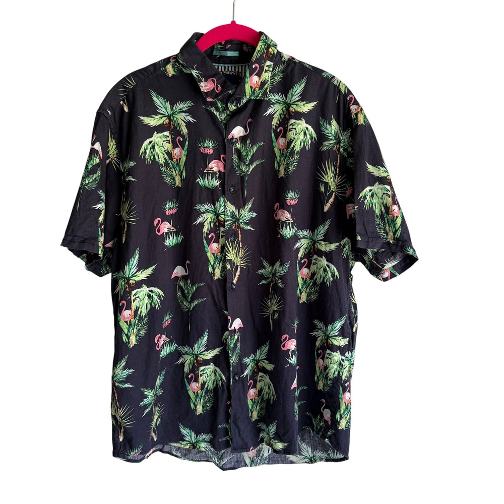 DENIM & FLOWER by Ricky Singh Black Flamingo and Palm Tree Mens Button Down, XL
